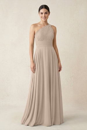 One - Shoulder A - Line Pleated Chiffon Bridesmaid Dress in Almond - SHE IS ME Bridesmaid Dresses
