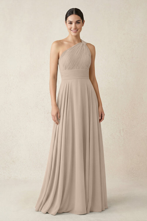 One - Shoulder A - Line Pleated Chiffon Bridesmaid Dress in Almond - SHE IS ME Bridesmaid Dresses