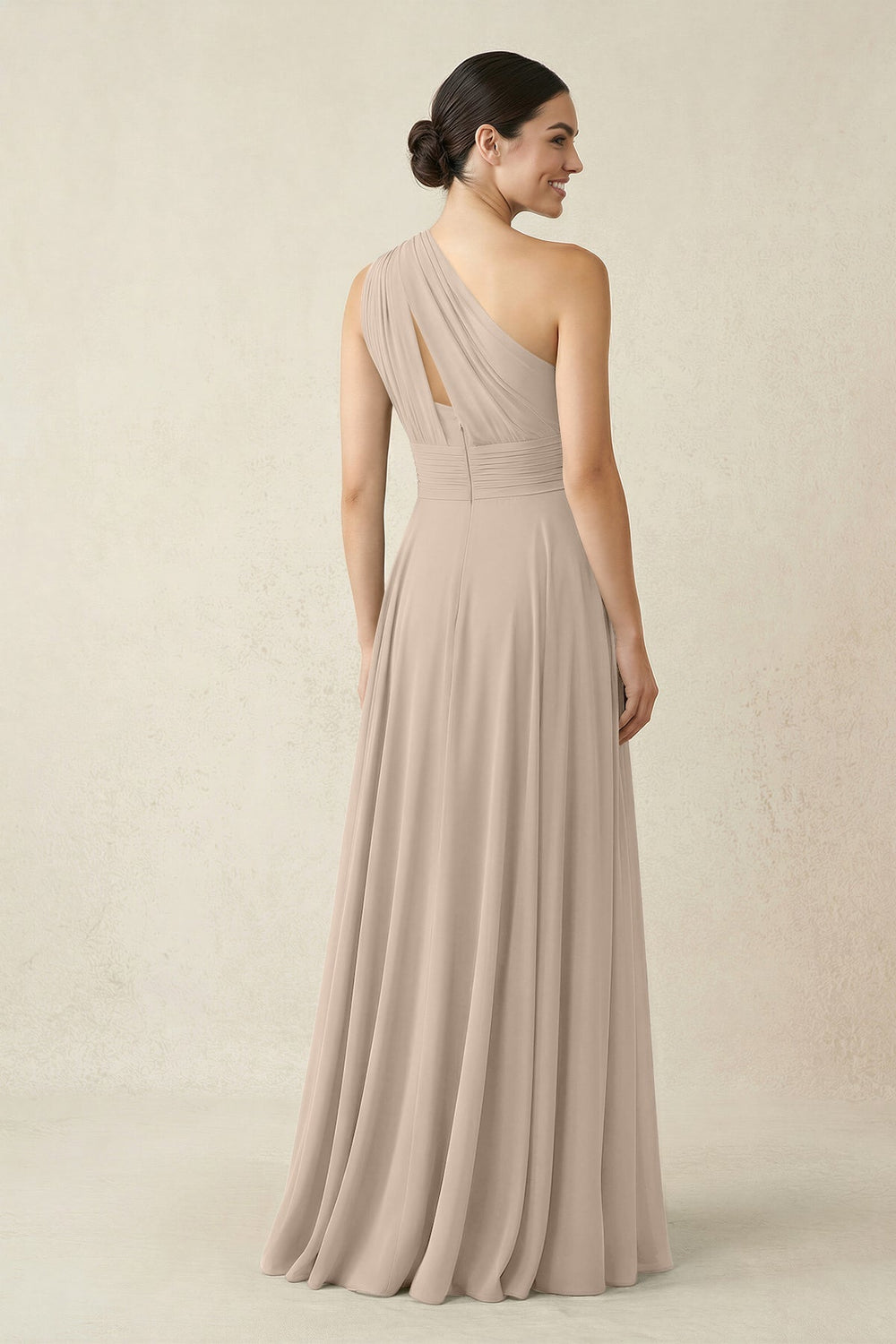 One - Shoulder A - Line Pleated Chiffon Bridesmaid Dress in Almond - KISS BRIDAL Bridesmaid Dresses
