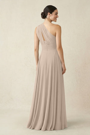 One - Shoulder A - Line Pleated Chiffon Bridesmaid Dress in Almond - SHE IS ME Bridesmaid Dresses