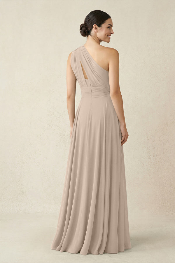 One - Shoulder A - Line Pleated Chiffon Bridesmaid Dress in Almond - SHE IS ME Bridesmaid Dresses