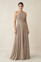 One-Shoulder A-Line Pleated Chiffon Bridesmaid Dress in Almond | KISSBRIDAL