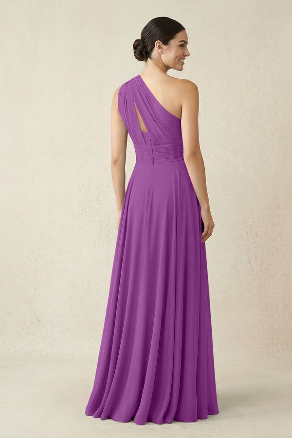 One - Shoulder A - Line Pleated Chiffon Bridesmaid Dress in Amethyst - SHE IS ME Bridesmaid Dresses
