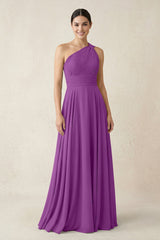 One - Shoulder A - Line Pleated Chiffon Bridesmaid Dress in Amethyst - KISS BRIDAL Bridesmaid Dresses