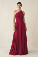 One - Shoulder A - Line Pleated Chiffon Bridesmaid Dress in Berry - SHE IS ME Bridesmaid Dresses