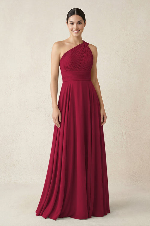 One - Shoulder A - Line Pleated Chiffon Bridesmaid Dress in Berry - SHE IS ME Bridesmaid Dresses