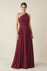 One-Shoulder A-Line Pleated Chiffon Bridesmaid Dress in Berry | KISSBRIDAL