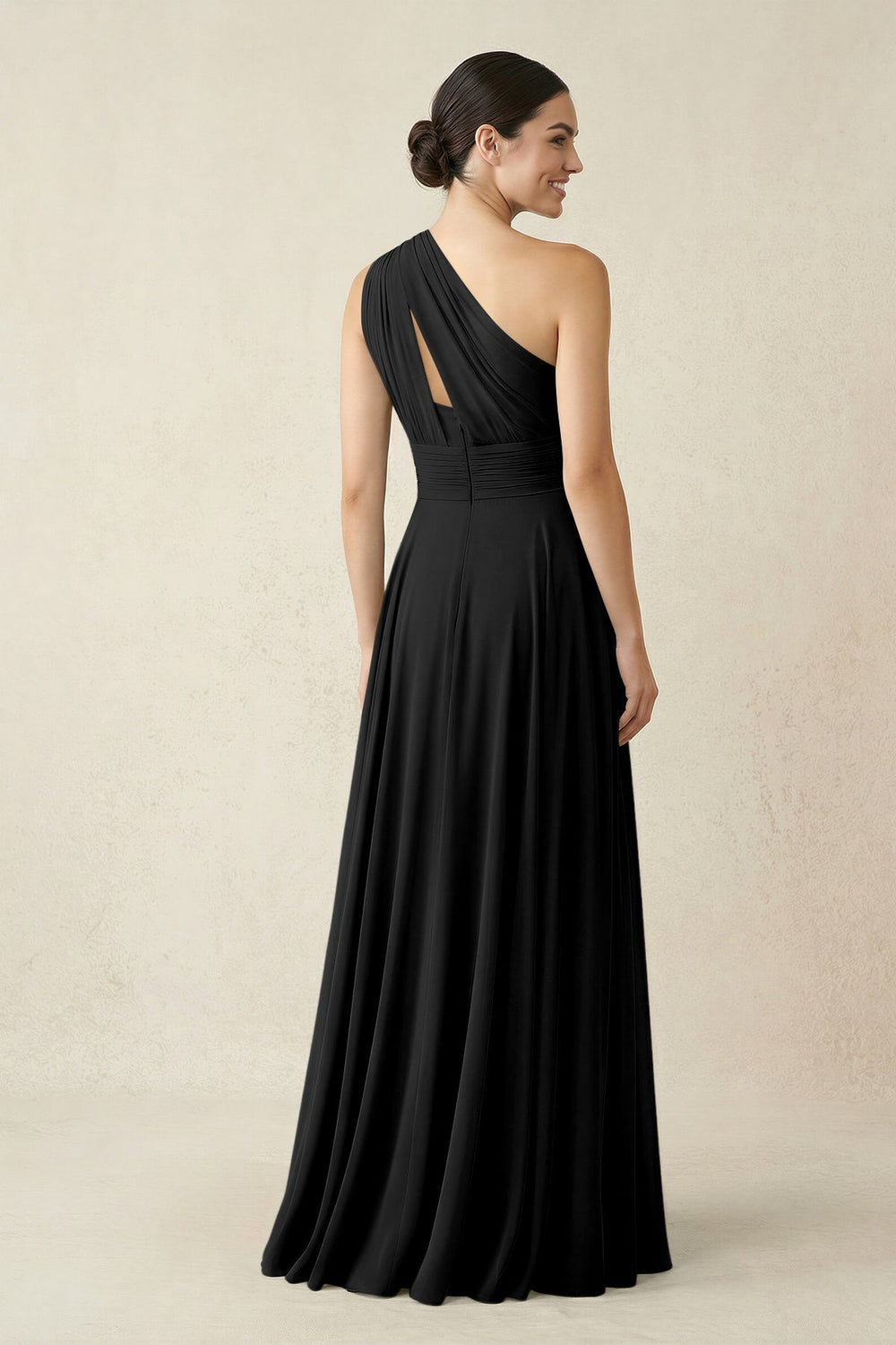 One - Shoulder A - Line Pleated Chiffon Bridesmaid Dress in Black - KISS BRIDAL Bridesmaid Dresses