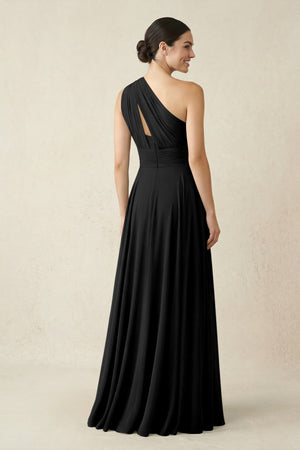One - Shoulder A - Line Pleated Chiffon Bridesmaid Dress in Black - SHE IS ME Bridesmaid Dresses