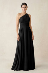 One - Shoulder A - Line Pleated Chiffon Bridesmaid Dress in Black - KISS BRIDAL Bridesmaid Dresses
