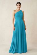 One - Shoulder A - Line Pleated Chiffon Bridesmaid Dress in Blue Jay - SHE IS ME Bridesmaid Dresses