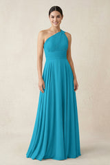 One - Shoulder A - Line Pleated Chiffon Bridesmaid Dress in Blue Jay - KISS BRIDAL Bridesmaid Dresses