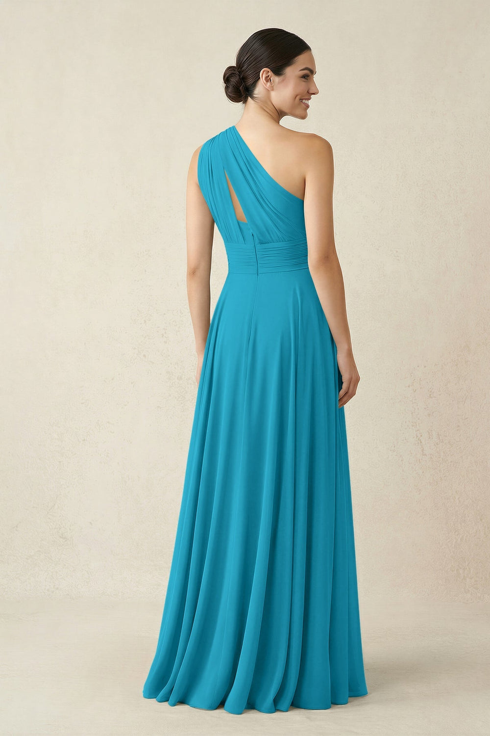 One - Shoulder A - Line Pleated Chiffon Bridesmaid Dress in Blue Jay - KISS BRIDAL Bridesmaid Dresses