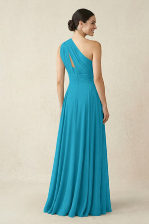 One - Shoulder A - Line Pleated Chiffon Bridesmaid Dress in Blue Jay - SHE IS ME Bridesmaid Dresses
