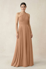 One - Shoulder A - Line Pleated Chiffon Bridesmaid Dress in Bronzer - KISS BRIDAL Bridesmaid Dresses