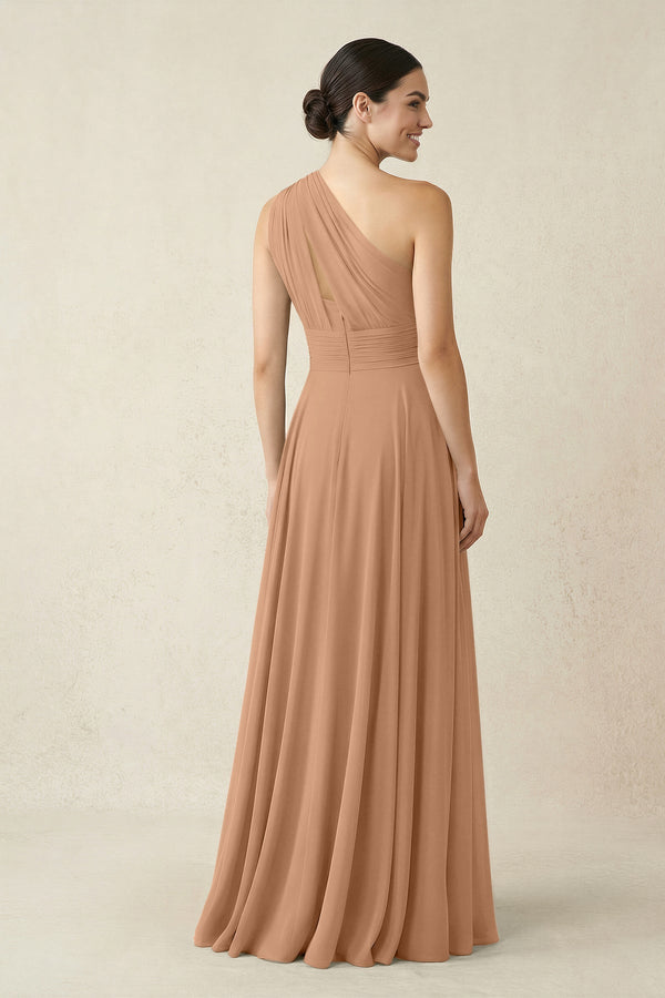 One - Shoulder A - Line Pleated Chiffon Bridesmaid Dress in Bronzer - SHE IS ME Bridesmaid Dresses