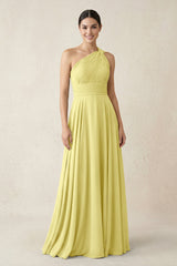 One - Shoulder A - Line Pleated Chiffon Bridesmaid Dress in Buttercup - KISS BRIDAL Bridesmaid Dresses