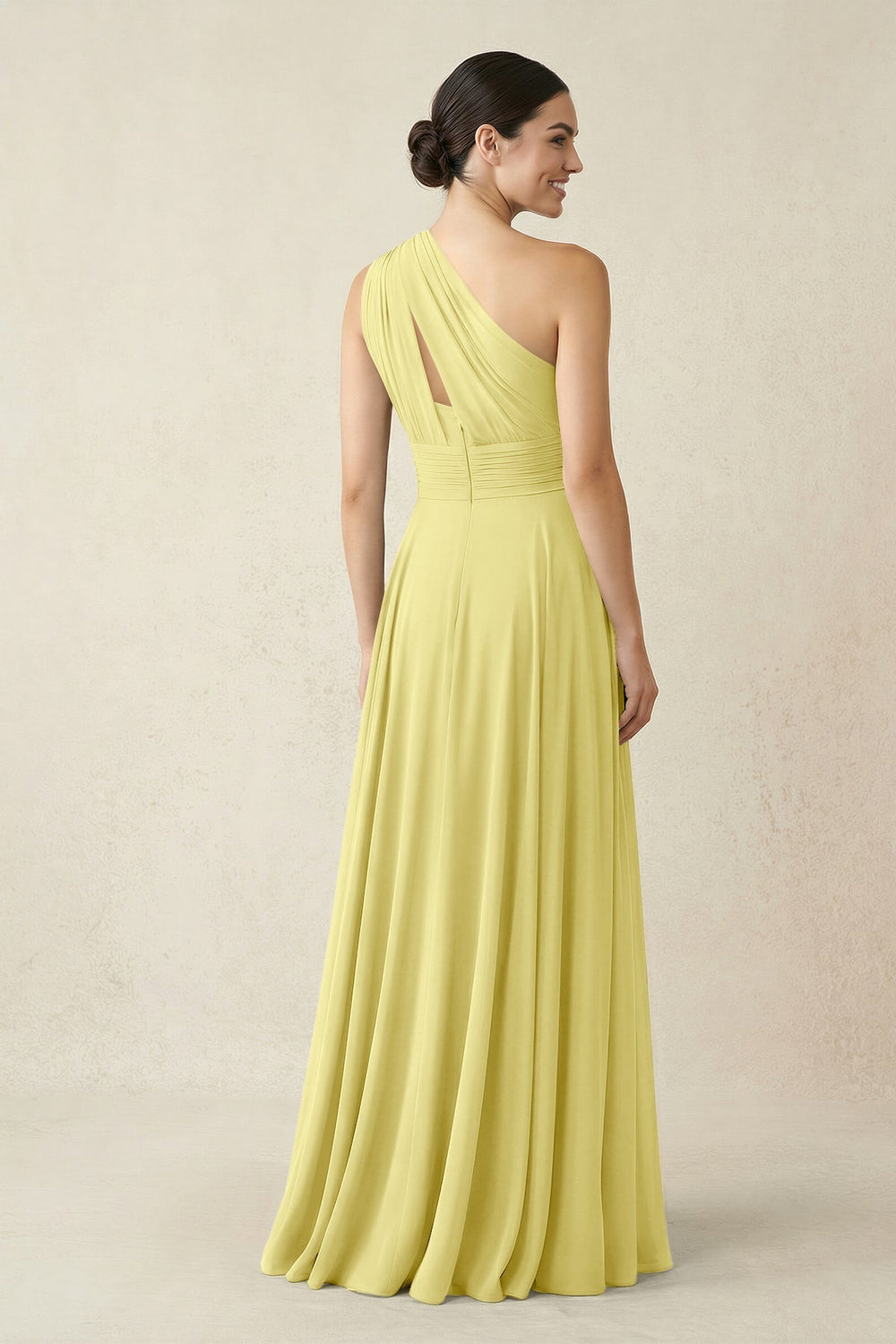 One - Shoulder A - Line Pleated Chiffon Bridesmaid Dress in Buttercup - KISS BRIDAL Bridesmaid Dresses