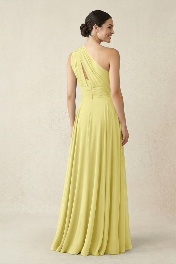 One - Shoulder A - Line Pleated Chiffon Bridesmaid Dress in Buttercup - SHE IS ME Bridesmaid Dresses