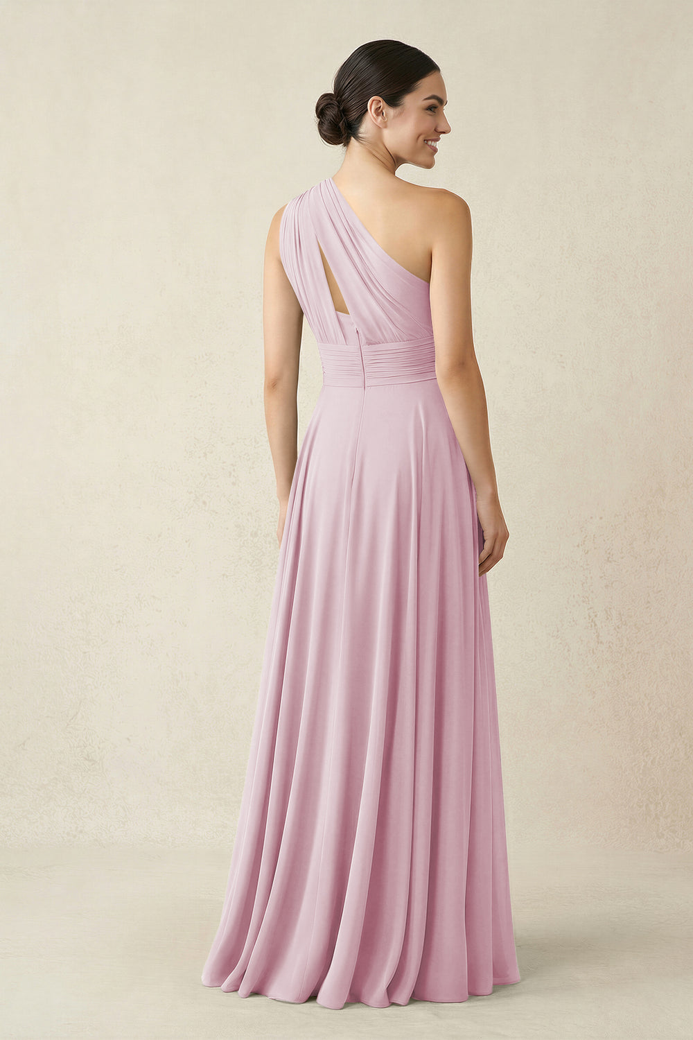 One-Shoulder A-Line Pleated Chiffon Bridesmaid Dress in Candy Pink