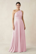 One - Shoulder A - Line Pleated Chiffon Bridesmaid Dress in Candy Pink - SHE IS ME Bridesmaid Dresses