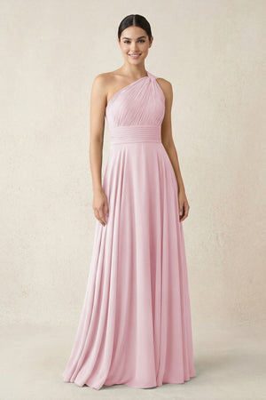 One - Shoulder A - Line Pleated Chiffon Bridesmaid Dress in Candy Pink - SHE IS ME Bridesmaid Dresses