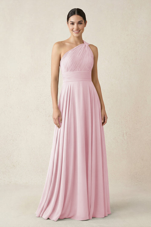 One - Shoulder A - Line Pleated Chiffon Bridesmaid Dress in Candy Pink - SHE IS ME Bridesmaid Dresses