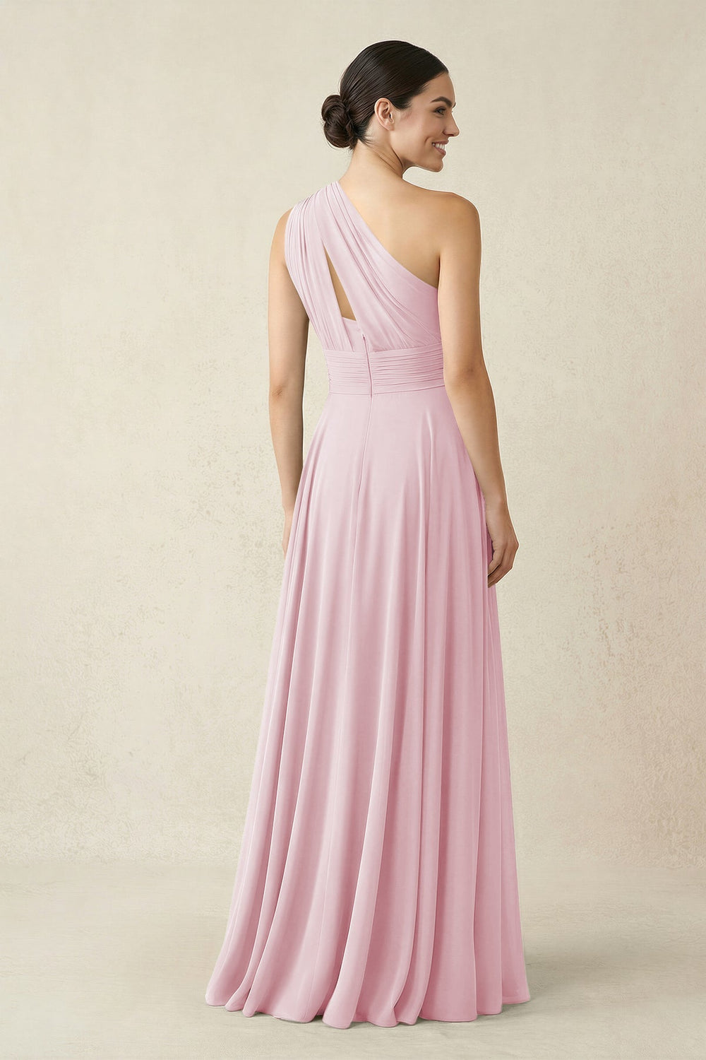 One - Shoulder A - Line Pleated Chiffon Bridesmaid Dress in Candy Pink - KISS BRIDAL Bridesmaid Dresses