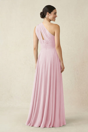One - Shoulder A - Line Pleated Chiffon Bridesmaid Dress in Candy Pink - SHE IS ME Bridesmaid Dresses