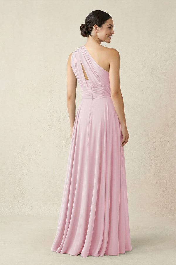 One - Shoulder A - Line Pleated Chiffon Bridesmaid Dress in Candy Pink - SHE IS ME Bridesmaid Dresses