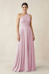 One-Shoulder A-Line Pleated Chiffon Bridesmaid Dress in Candy Pink | KISSBRIDAL
