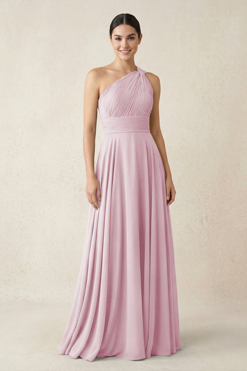 One-Shoulder A-Line Pleated Chiffon Bridesmaid Dress in Candy Pink | KISSBRIDAL