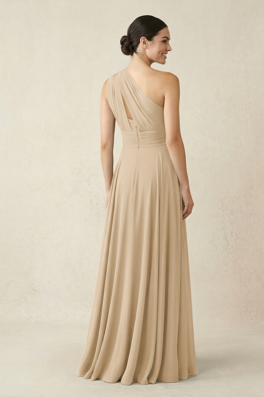 One-Shoulder A-Line Pleated Chiffon Bridesmaid Dress in Champagne