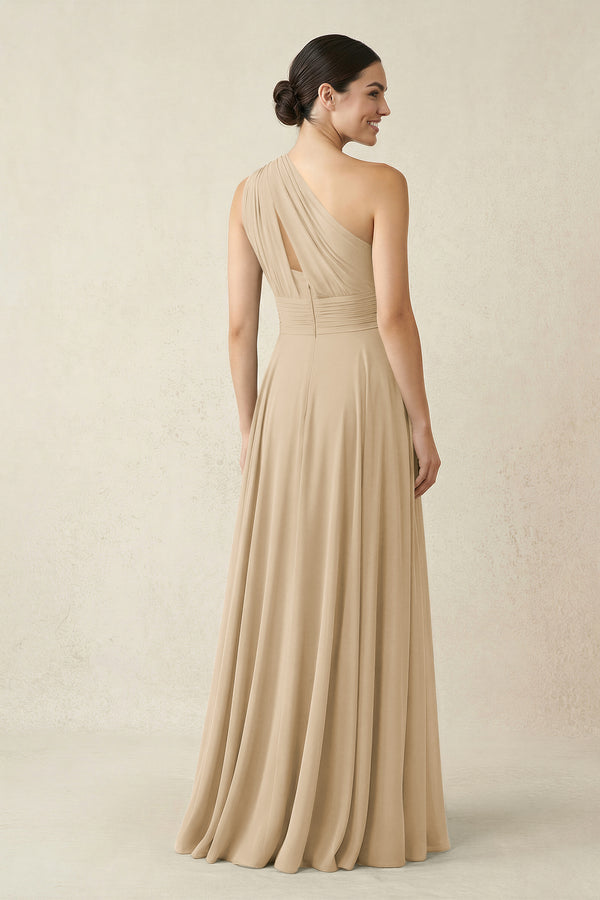 One-Shoulder A-Line Pleated Chiffon Bridesmaid Dress in Champagne (2) | KISSBRIDAL