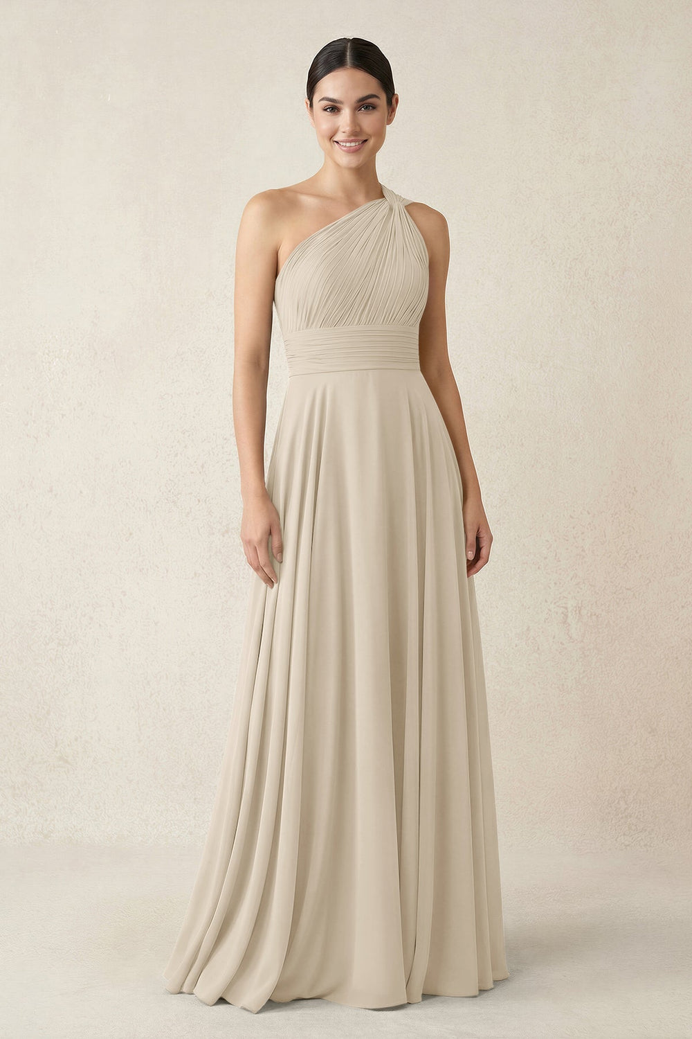 One - Shoulder A - Line Pleated Chiffon Bridesmaid Dress in Champagne - KISS BRIDAL Bridesmaid Dresses