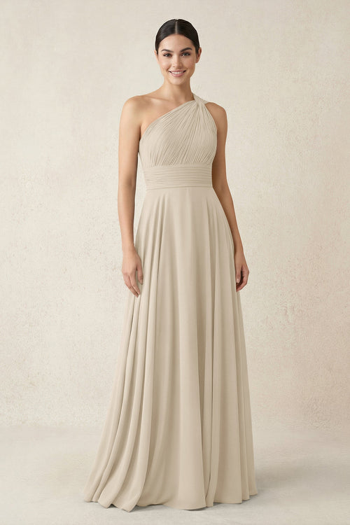 One - Shoulder A - Line Pleated Chiffon Bridesmaid Dress in Champagne - SHE IS ME Bridesmaid Dresses