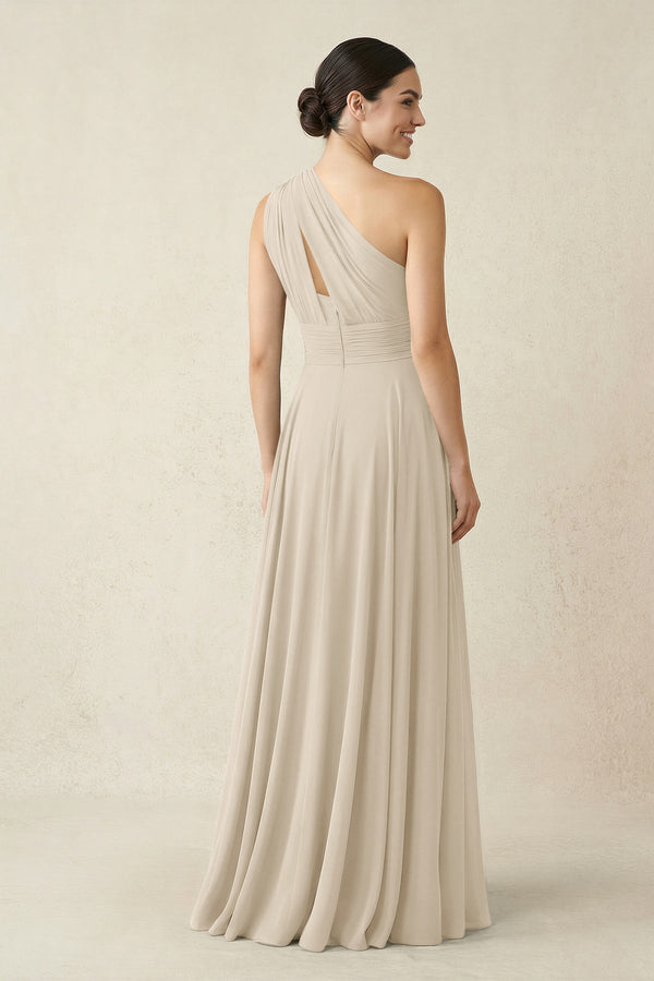 One - Shoulder A - Line Pleated Chiffon Bridesmaid Dress in Champagne - SHE IS ME Bridesmaid Dresses