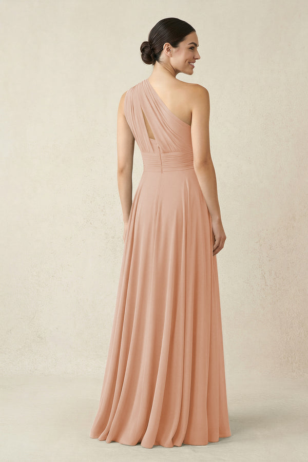 One - Shoulder A - Line Pleated Chiffon Bridesmaid Dress in Champagne Rose - SHE IS ME Bridesmaid Dresses