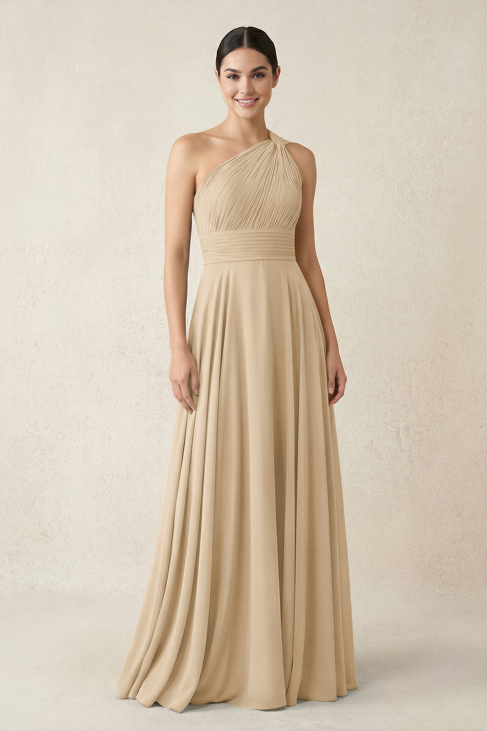 One-Shoulder A-Line Pleated Chiffon Bridesmaid Dress in Champagne