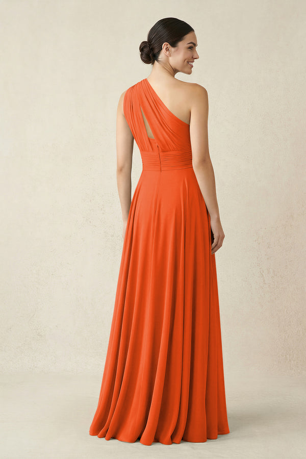 One-Shoulder A-Line Pleated Chiffon Bridesmaid Dress in Cinnamon (2) | KISSBRIDAL