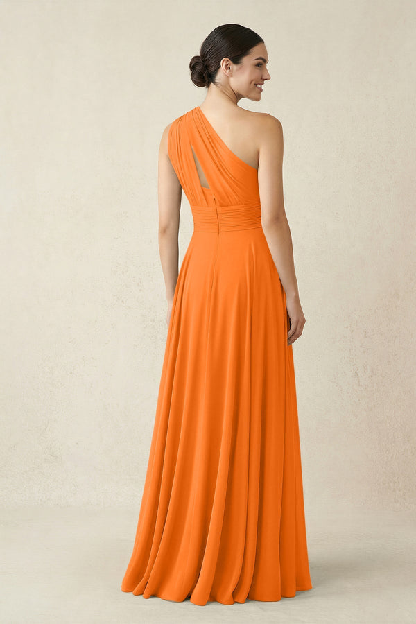 One - Shoulder A - Line Pleated Chiffon Bridesmaid Dress in Cinnamon - SHE IS ME Bridesmaid Dresses