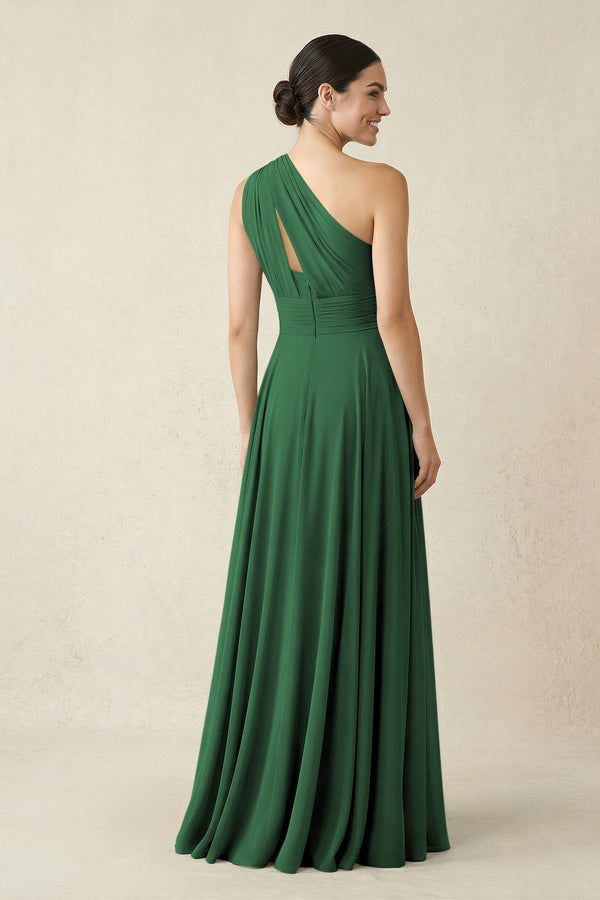 One - Shoulder A - Line Pleated Chiffon Bridesmaid Dress in Dark Green - SHE IS ME Bridesmaid Dresses