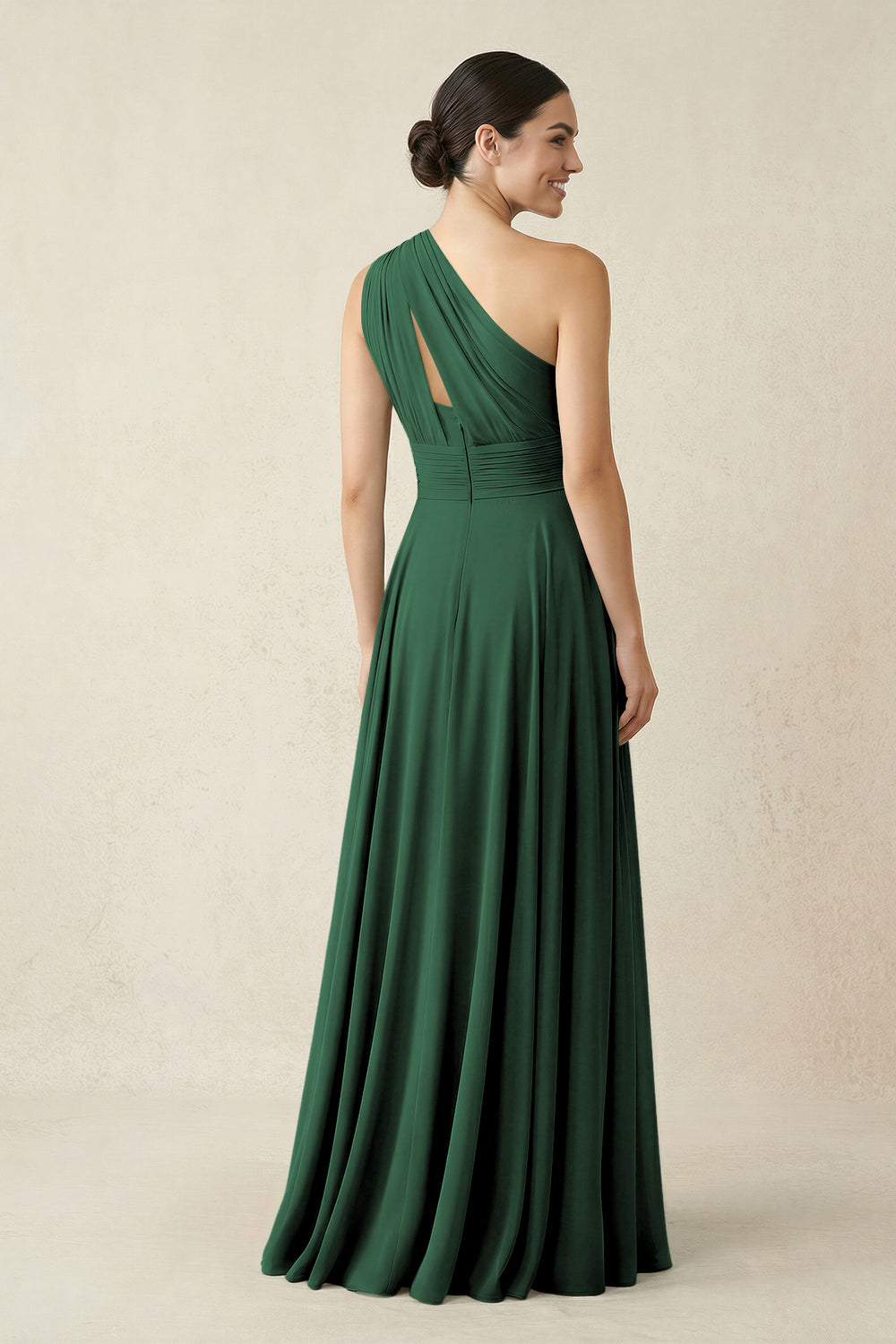 One-Shoulder A-Line Pleated Chiffon Bridesmaid Dress in Dark Green