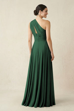 One-Shoulder A-Line Pleated Chiffon Bridesmaid Dress in Dark Green (2) | KISSBRIDAL
