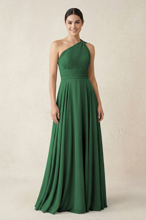 One - Shoulder A - Line Pleated Chiffon Bridesmaid Dress in Dark Green - SHE IS ME Bridesmaid Dresses