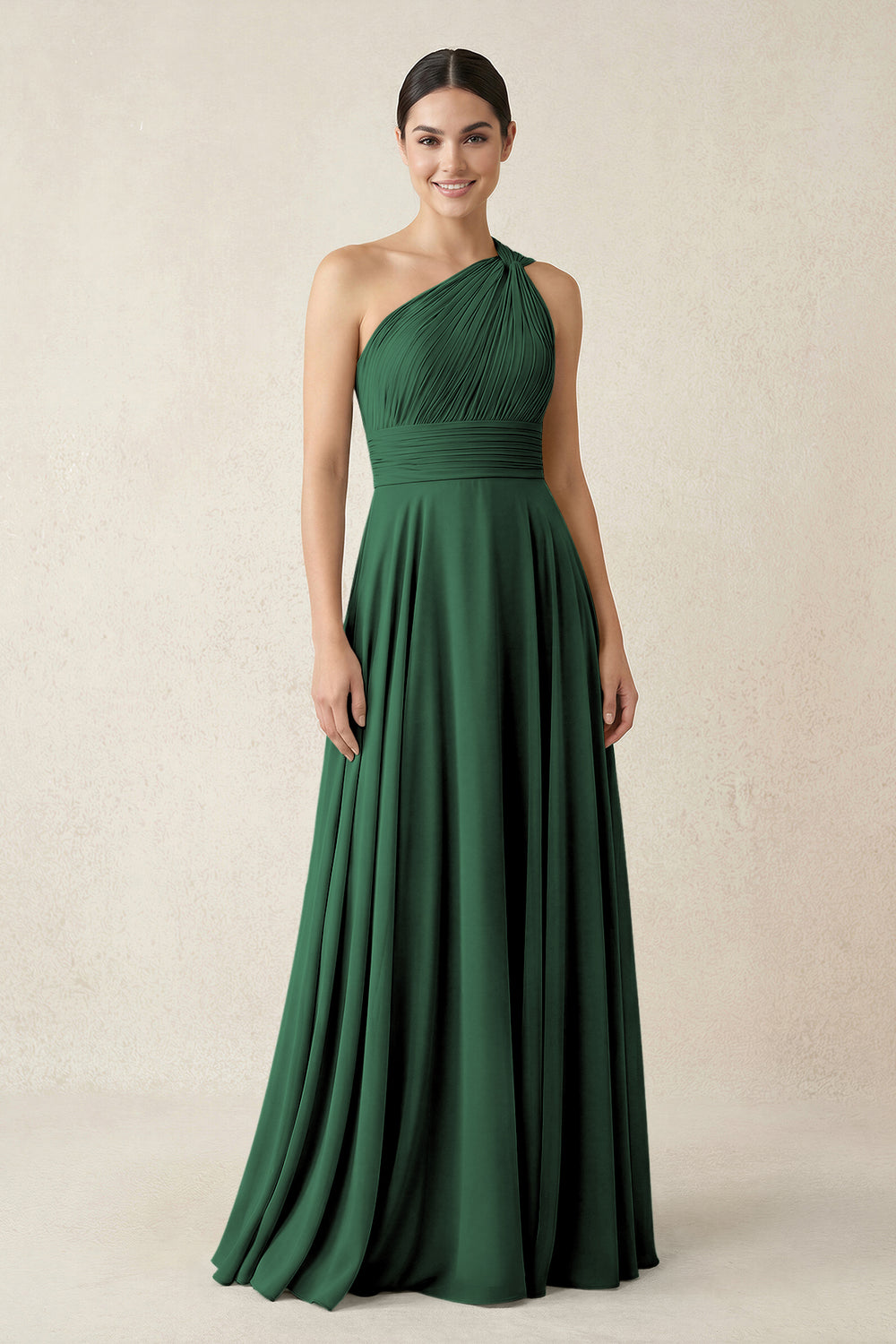 One-Shoulder A-Line Pleated Chiffon Bridesmaid Dress in Dark Green