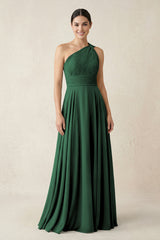 One-Shoulder A-Line Pleated Chiffon Bridesmaid Dress in Dark Green | KISSBRIDAL