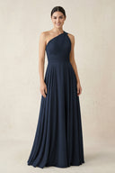 One - Shoulder A - Line Pleated Chiffon Bridesmaid Dress in Dark Navy - SHE IS ME Bridesmaid Dresses