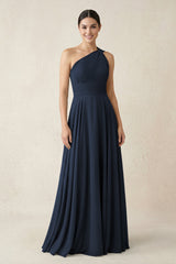 One - Shoulder A - Line Pleated Chiffon Bridesmaid Dress in Dark Navy - KISS BRIDAL Bridesmaid Dresses