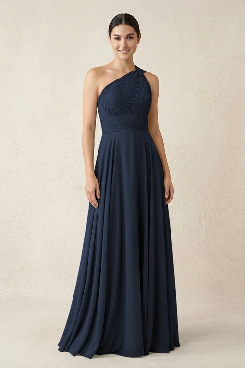 One - Shoulder A - Line Pleated Chiffon Bridesmaid Dress in Dark Navy - SHE IS ME Bridesmaid Dresses